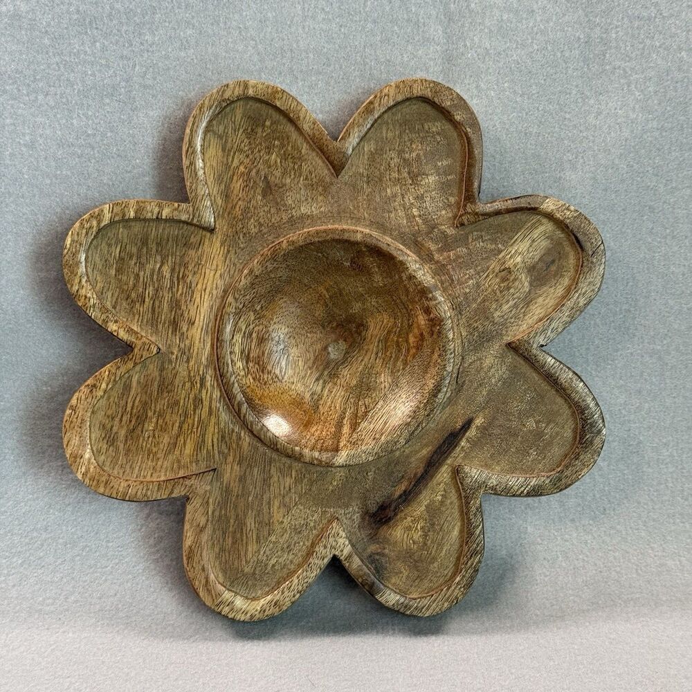 Young's Mango Wood Flower Trinket Dish Tray Daisy Decorative Catchall Boho